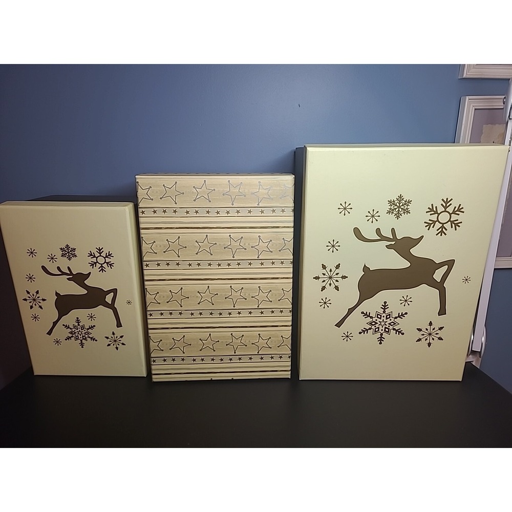 3 Christmas Nesting Gift Boxes Holiday Golden Reindeer stars Storage Gift - Picture 2 of 16